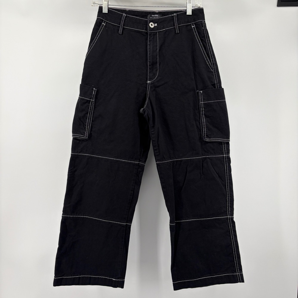 Bershka Womens Med 26" Black Contrast Stitch Wide Leg Cargo Pants